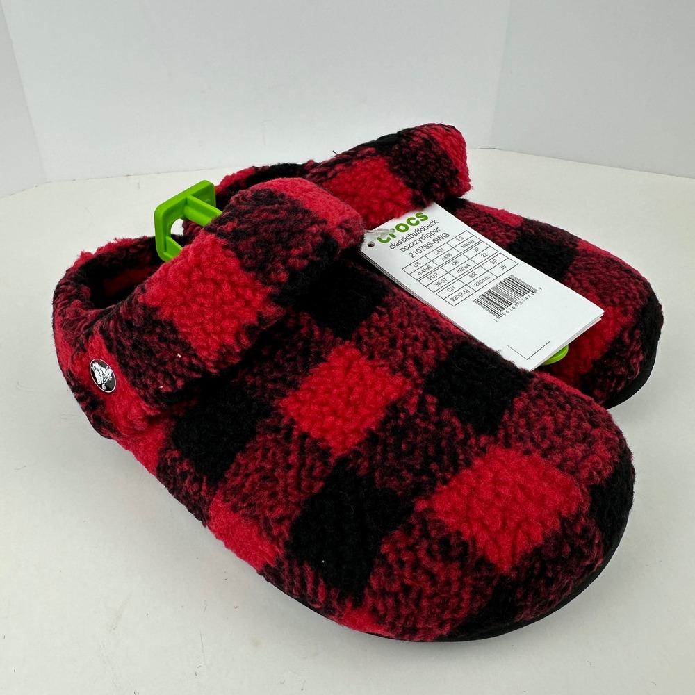 Crocs Classic Check Cozzzy Slipper Red Buffalo Plaid Fuzzy House Shoes Womens 6